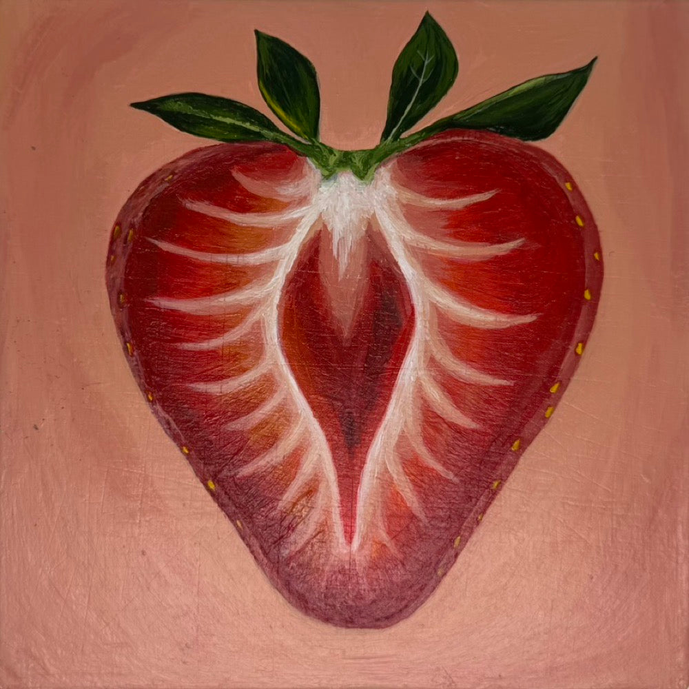 Painting of a halved strawberry